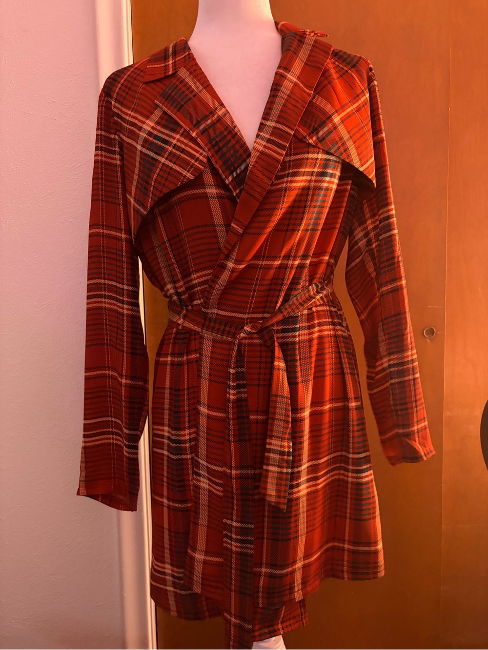 Forever 21 Red Plaid Wrap Dress w/ Tie Waist Long Sleeve Size S NWT